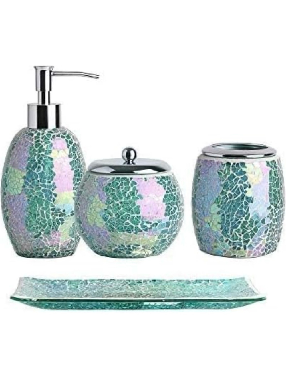 Iridescent Teal/Green Mosaic Glass - Elegant Bathroom Set - Picture 3 of 7